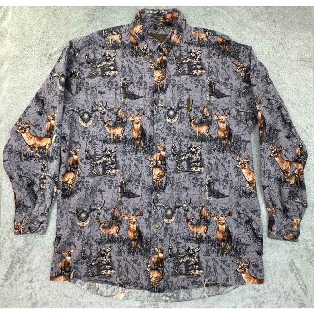 North River Men’s Button-Down Shirt Deer Wildlife Print Gray Brown XL Cotton